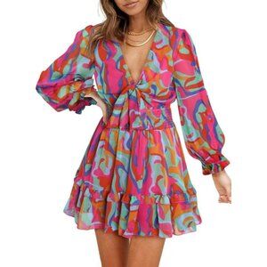 Womens 2024 Summer Deep V Neck Knotted Tiered Chiffon Elegant Mini Dress